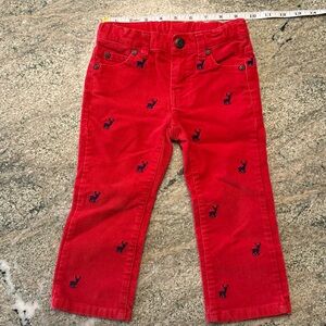 Janie and Jack 2T Red Corduroy Pants with Navy Reindeer